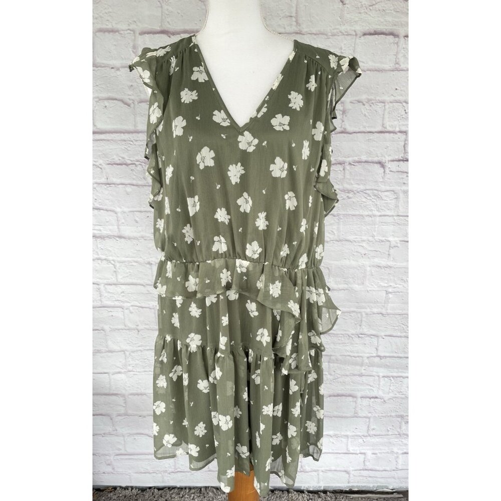 Simply Vera Vera Wang Lined Layered Dress XL Olive Green Ruffle Sleeves
